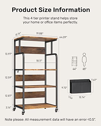 Gizoon Home Office Printer Stand with Storage, 4 Tier Large Tall Printer Shelf Cart W/ Lockabel Rolling Wheels, Versatile - Retro