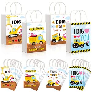 24 pcs valentine treat bags for kids, i dig you construction party bags valentines day gift bags construction party favors truck themed valentines paper bags with handle construction party decorations