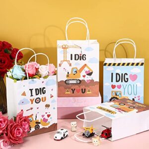 24 Pcs Valentine Treat Bags for Kids, I Dig You Construction Party Bags Valentines Day Gift Bags Construction Party Favors Truck Themed Valentines Paper Bags with Handle Construction Party Decorations