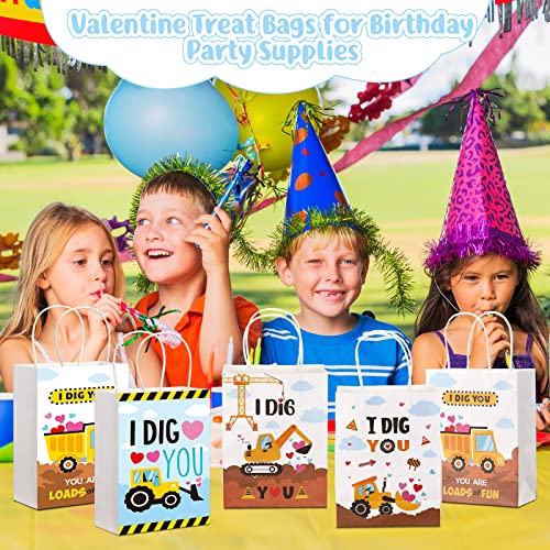 24 Pcs Valentine Treat Bags for Kids, I Dig You Construction Party Bags Valentines Day Gift Bags Construction Party Favors Truck Themed Valentines Paper Bags with Handle Construction Party Decorations