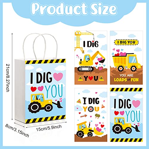 24 Pcs Valentine Treat Bags for Kids, I Dig You Construction Party Bags Valentines Day Gift Bags Construction Party Favors Truck Themed Valentines Paper Bags with Handle Construction Party Decorations