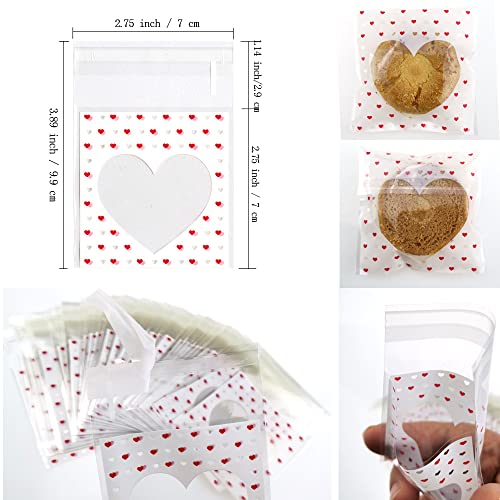 FAZHBARY 200 PCS Valentine Cellophane Bags Heart Mini Cookie Bags Self Sealing Cellophane Bags for Candy Bakery Supplies