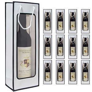 wakako 12 pcs wine gift bags for wine bottles, reusable clear window wine bottle bags bulk with handles for weddings, birthday, party, christmas, graduations, thanksgiving (white)