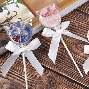 aklvbl 50 pack white satin ribbon twist tie bows for treat bags, gift bags, bakery candy bags and package decorating ribbon bow, bowknot for gifts