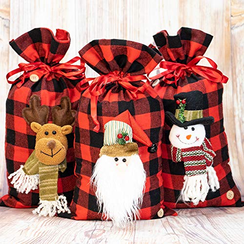 Jolik Santa Sacks Drawstring Bags, Buffalo Plaid 3D Design Christmas Bags for Christmas Party Supplies, 18 x 10 inch