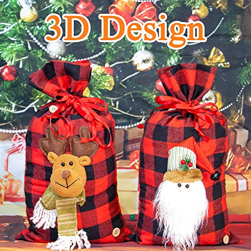 Jolik Santa Sacks Drawstring Bags, Buffalo Plaid 3D Design Christmas Bags for Christmas Party Supplies, 18 x 10 inch