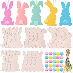 25pcs easter unfinished wood bunny cutouts with 25 colorful felt balls,hanging rabbit cutouts rabbit shape craft tags wooden pendant ornaments,20 ribbons and adhesive dots for easter spring diy craft