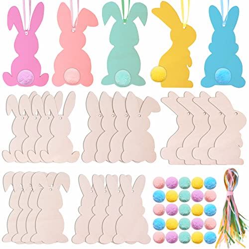 25pcs Easter Unfinished Wood Bunny Cutouts with 25 Colorful Felt Balls,Hanging Rabbit Cutouts Rabbit Shape Craft Tags Wooden Pendant Ornaments,20 Ribbons and Adhesive Dots for Easter Spring DIY Craft