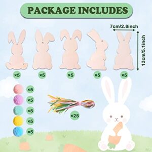 25pcs Easter Unfinished Wood Bunny Cutouts with 25 Colorful Felt Balls,Hanging Rabbit Cutouts Rabbit Shape Craft Tags Wooden Pendant Ornaments,20 Ribbons and Adhesive Dots for Easter Spring DIY Craft