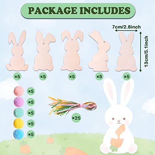 25pcs Easter Unfinished Wood Bunny Cutouts with 25 Colorful Felt Balls,Hanging Rabbit Cutouts Rabbit Shape Craft Tags Wooden Pendant Ornaments,20 Ribbons and Adhesive Dots for Easter Spring DIY Craft