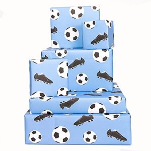 central 23 – fun wrapping paper for boys – 6 sheets of birthday gift wrap – football wrapping paper – football boots – soccer – for girls – blue white – recyclable