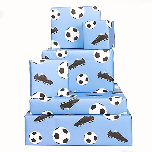 CENTRAL 23 - Fun Wrapping Paper for Boys - 6 Sheets of Birthday Gift Wrap - Football Wrapping Paper - Football Boots - Soccer - For Girls - Blue White - Recyclable