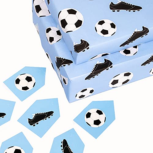 CENTRAL 23 - Fun Wrapping Paper for Boys - 6 Sheets of Birthday Gift Wrap - Football Wrapping Paper - Football Boots - Soccer - For Girls - Blue White - Recyclable