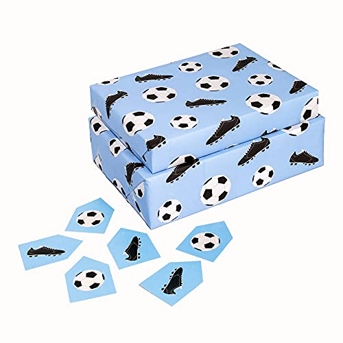 CENTRAL 23 - Fun Wrapping Paper for Boys - 6 Sheets of Birthday Gift Wrap - Football Wrapping Paper - Football Boots - Soccer - For Girls - Blue White - Recyclable