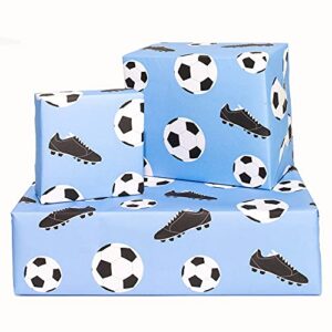 CENTRAL 23 - Fun Wrapping Paper for Boys - 6 Sheets of Birthday Gift Wrap - Football Wrapping Paper - Football Boots - Soccer - For Girls - Blue White - Recyclable