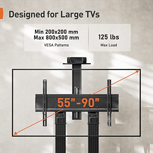 Perlegear Mobile TV Stand, Rolling TV Cart for 55-90 inch Flat or Curved TVs up to 125 lbs, Heavy-Duty Aluminum Floor TV Stand, Adjustable Rolling TV Stand on Wheels, Max VESA 800x500mm, PGTVMC10