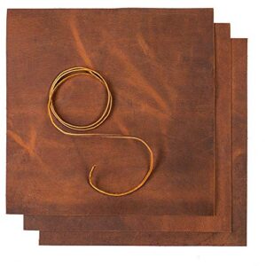 genuine leather sheets for leather crafts – full grain buffalo leather squares- great for jewelry, leather wallets, cricut, arts & crafts – includes 3 sheets (12×12″)+ leather cord (36″)