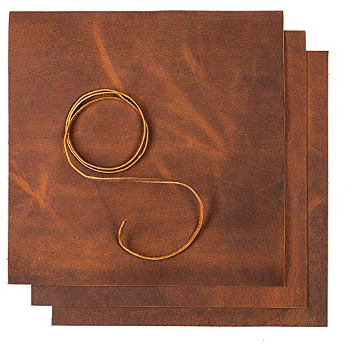 Genuine Leather Sheets for Leather Crafts - Full Grain Buffalo Leather Squares- Great for Jewelry, Leather Wallets, Cricut, Arts & Crafts – Includes 3 Sheets (12x12")+ Leather Cord (36")