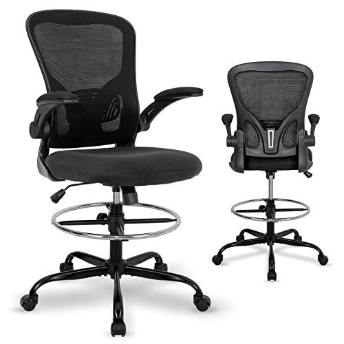 Drafting Chair Tall Office Chair, Standing Desk Chair with Flip-Up Arm, Ergonomic Mesh Computer Chair with Adjustable Foot Ring for Conference Room, Executive Rolling Swivel Stool for Office & Home.