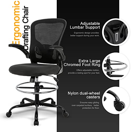 Drafting Chair Tall Office Chair, Standing Desk Chair with Flip-Up Arm, Ergonomic Mesh Computer Chair with Adjustable Foot Ring for Conference Room, Executive Rolling Swivel Stool for Office & Home.