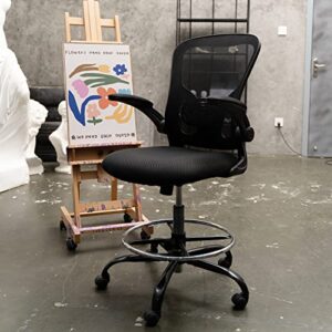 Drafting Chair Tall Office Chair, Standing Desk Chair with Flip-Up Arm, Ergonomic Mesh Computer Chair with Adjustable Foot Ring for Conference Room, Executive Rolling Swivel Stool for Office & Home.