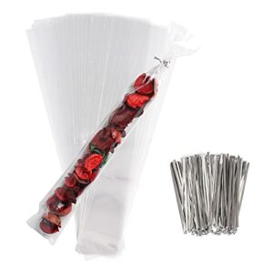 hapy shop clear cellophane treat bags,300 pcs plastic treat bags pretzel bags for chocolate candies pretzel cookies party favor gift bags with 300 pcs silver twist ties (2.4 by 12 inch)