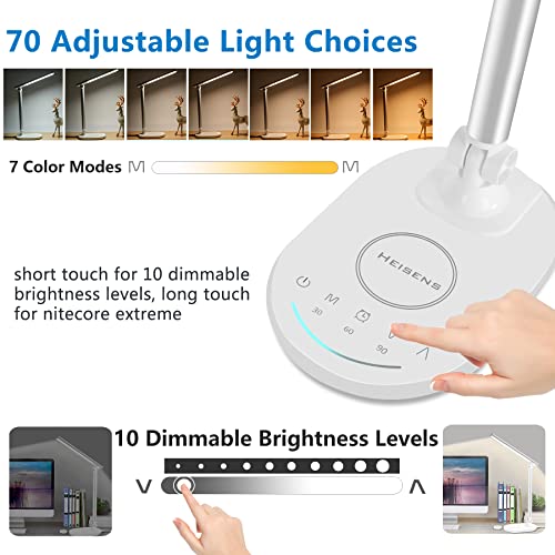 HEISENS Desk Lamps for Home Office, Led Desk Lamp with USB Charging Port,Touch Control,7 Lighting Modes,10 Brightness Levels, Eye-Caring Desk Lights for College Dorm