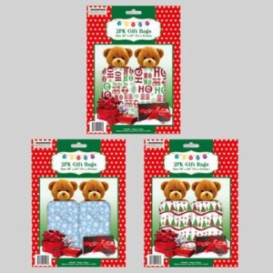 set of 6 bags size 28″x36″- features 3 themes – includes gift tags and ties!