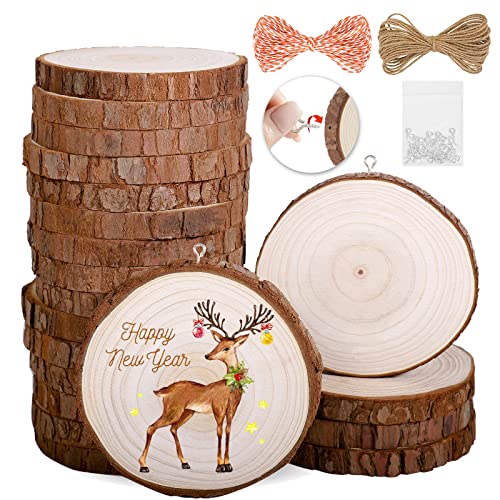 Natural Wood Slices 20Pcs 3.1-3.5 in Unfinished Wood Kit with Screw Eye Rings, Complete Wood Coaster, Wooden Circles for Crafts Wood Christmas Ornaments