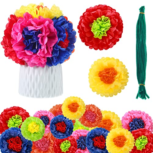 18 Pieces Colorful Fiesta Tissue Paper Flowers with 30 Pieces Green Pipe Cleaners Mexican Carnival Tissue Paper Flowers Chenille Stems Floral for Fiesta Party Baby Shower Wedding Birthday Party