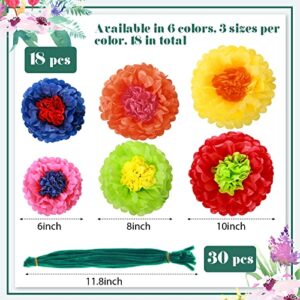 18 Pieces Colorful Fiesta Tissue Paper Flowers with 30 Pieces Green Pipe Cleaners Mexican Carnival Tissue Paper Flowers Chenille Stems Floral for Fiesta Party Baby Shower Wedding Birthday Party