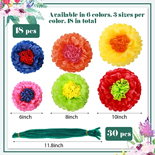 18 Pieces Colorful Fiesta Tissue Paper Flowers with 30 Pieces Green Pipe Cleaners Mexican Carnival Tissue Paper Flowers Chenille Stems Floral for Fiesta Party Baby Shower Wedding Birthday Party