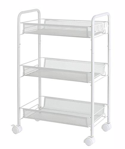 Rolling Storage Cart 3-Tier Metal Mesh Basket Shelves Kitchen Organizer with Wheels(White)