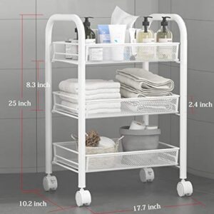 Rolling Storage Cart 3-Tier Metal Mesh Basket Shelves Kitchen Organizer with Wheels(White)