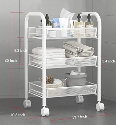 Rolling Storage Cart 3-Tier Metal Mesh Basket Shelves Kitchen Organizer with Wheels(White)