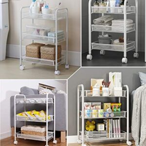 Rolling Storage Cart 3-Tier Metal Mesh Basket Shelves Kitchen Organizer with Wheels(White)