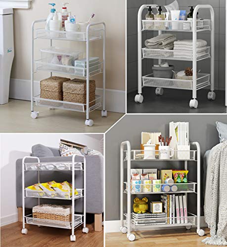 Rolling Storage Cart 3-Tier Metal Mesh Basket Shelves Kitchen Organizer with Wheels(White)