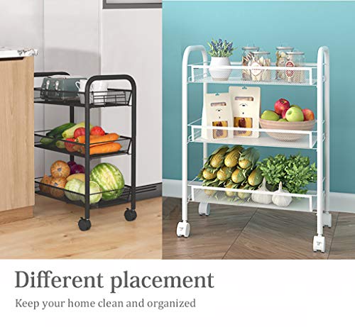Rolling Storage Cart 3-Tier Metal Mesh Basket Shelves Kitchen Organizer with Wheels(White)