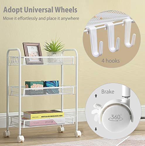 Rolling Storage Cart 3-Tier Metal Mesh Basket Shelves Kitchen Organizer with Wheels(White)