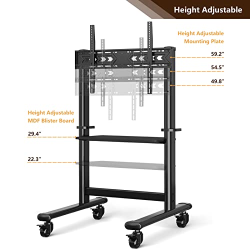Mobile TV Cart Rolling TV Stand with Wheels for 55-98 Inch LCD LED Flat Curved Screens up to 200 lbs, Heavy Duty Portable Floor TV Stand Large Base Trolley Height Adjustable Max VESA800x600 mm