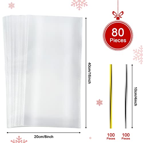 Gersoniel 8 x 16 Inch Many Cellophane Bags Clear Plastic Gift Wine Bag Wrap with 200 Pieces Gold Silver Twists for Wrapping Gifts Present Candy Holiday Party Favors (1 Set)