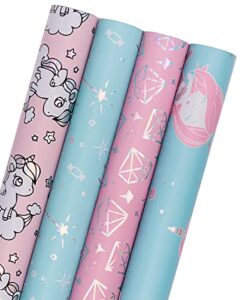 wrapaholic wrapping paper roll – mermaid, fairy stick and diamond cute design with colorful foil for birthday, holiday, baby shower – 4 rolls – 30 inch x 120 inch per roll