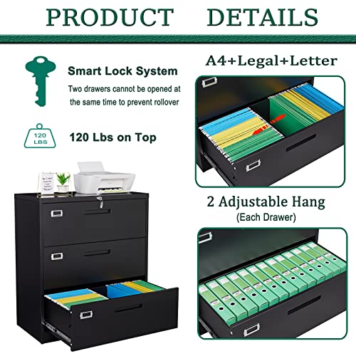 Letaya Metal Lateral File Cabinets with Lock, 3 Drawer Steel Wide Filing Organization Storage Cabinets,Home Office Furniture for Hanging Files Letter/Legal/F4/A4 Size (Blcak-3 Drawer)