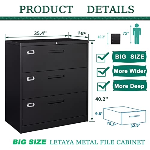 Letaya Metal Lateral File Cabinets with Lock, 3 Drawer Steel Wide Filing Organization Storage Cabinets,Home Office Furniture for Hanging Files Letter/Legal/F4/A4 Size (Blcak-3 Drawer)