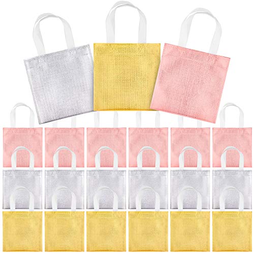 Whaline 8''x8'' Non-Woven Small Party Bags, 24 Pieces Gift Bags, Reusable Candy Goodie Bags, Glossy Tote Bags, DIY Craft Bags for Holiday Event, Birthday(Rose Gold, Golden, Silver)