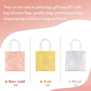 Whaline 8''x8'' Non-Woven Small Party Bags, 24 Pieces Gift Bags, Reusable Candy Goodie Bags, Glossy Tote Bags, DIY Craft Bags for Holiday Event, Birthday(Rose Gold, Golden, Silver)