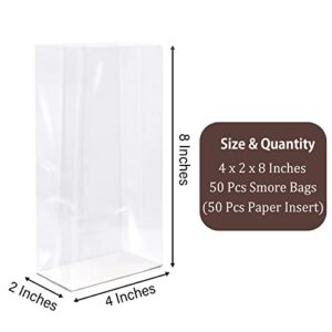 Gusseted Flat Bottom Cellophane Bags with Paper Insert 50Pcs 4x2x8 Inches Smore Bags