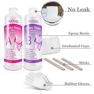 Epoxy Resin Crystal Clear Kit for Art, Jewelry, Crafts, Coating- 16 OZ Including 8OZ Resin and 8OZ Hardener | Bonus 4 pcs Measuring Cups, 3pcs Sticks, 1 Pair Rubber Gloves by Puduo