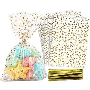 coqofa 100 pcs star printed 5″x 7″ gift wrap cello cellophane treat bags party favor bags clear candy cookie bags plastic poly goodie storage bags with twist ties for bakery,birthday, wedding ,party decorations (gold)