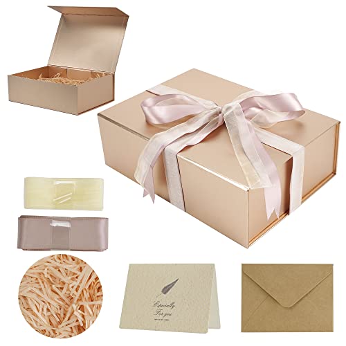 HUIHUANG Rose Gold Luxury Gift Boxes with Lids Bridesmaid Proposal Box Collapsible 11 x 7.8 x 3.5 In Magnetic Closure Collapsible Gift Boxes for Presents with Card,Ribbon,Shredded Paper Filler-1 Pack